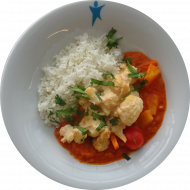 Kleine Portion: Tandooriblumenkohl mit Linsen-Ananas-Curry (1,2,18,22,62) dazu Basmati-Reis